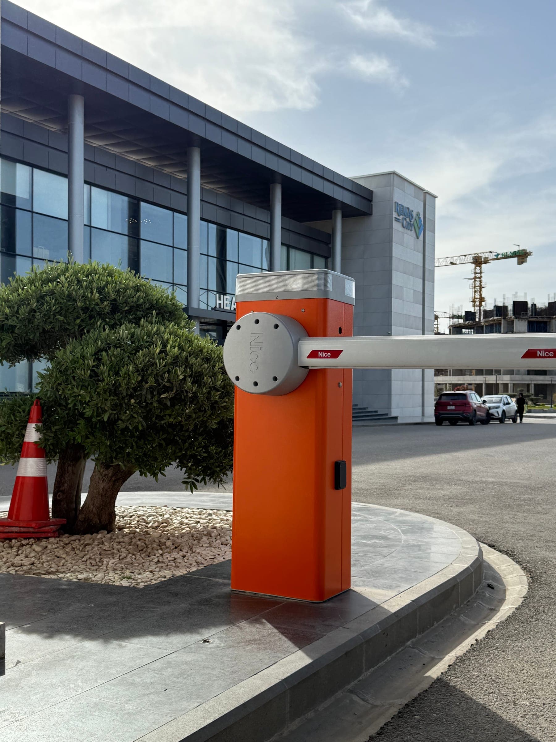 Boom barrier controlling the vehicle entrance to an underground car park